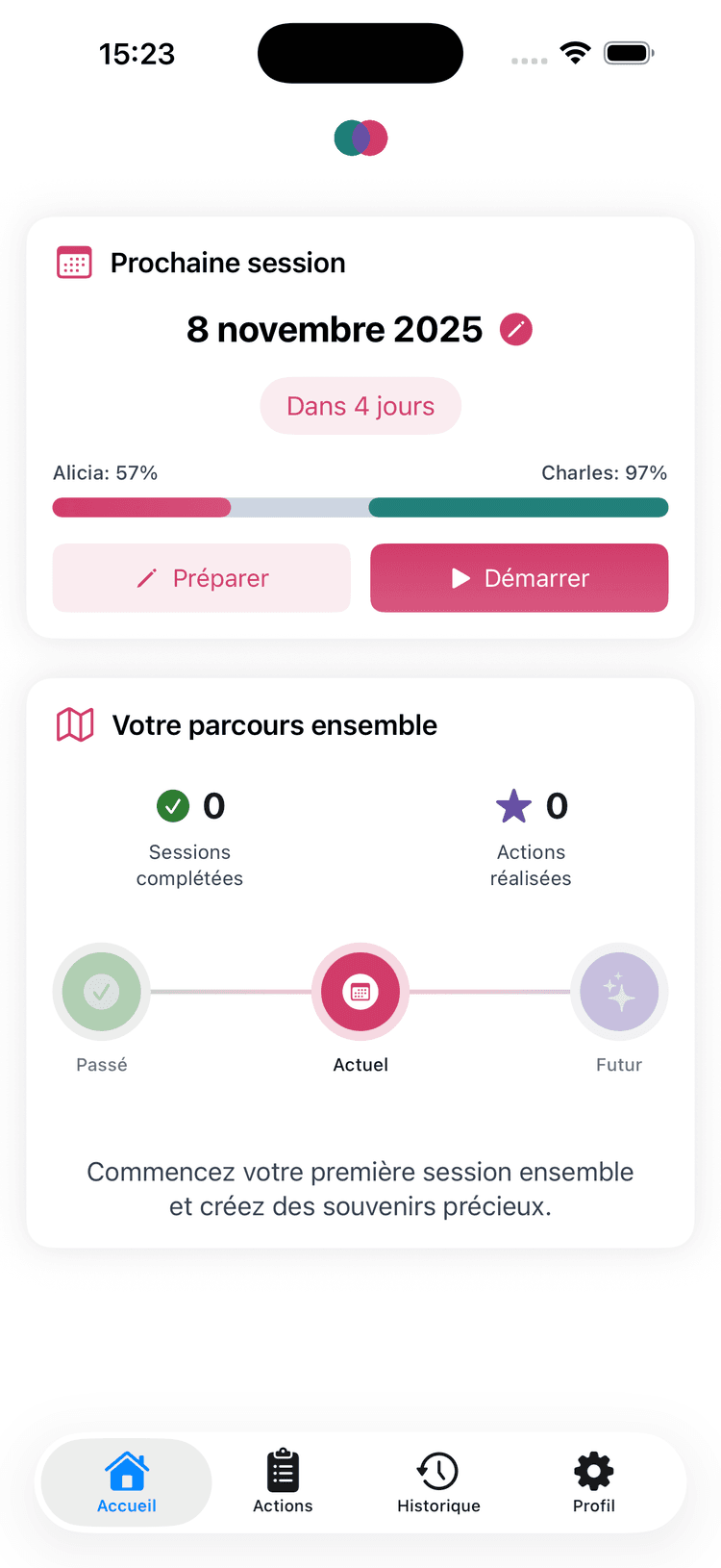 L'écran d'accueil de Bilan Couple, montrant la prochaine session de bilan d'un couple