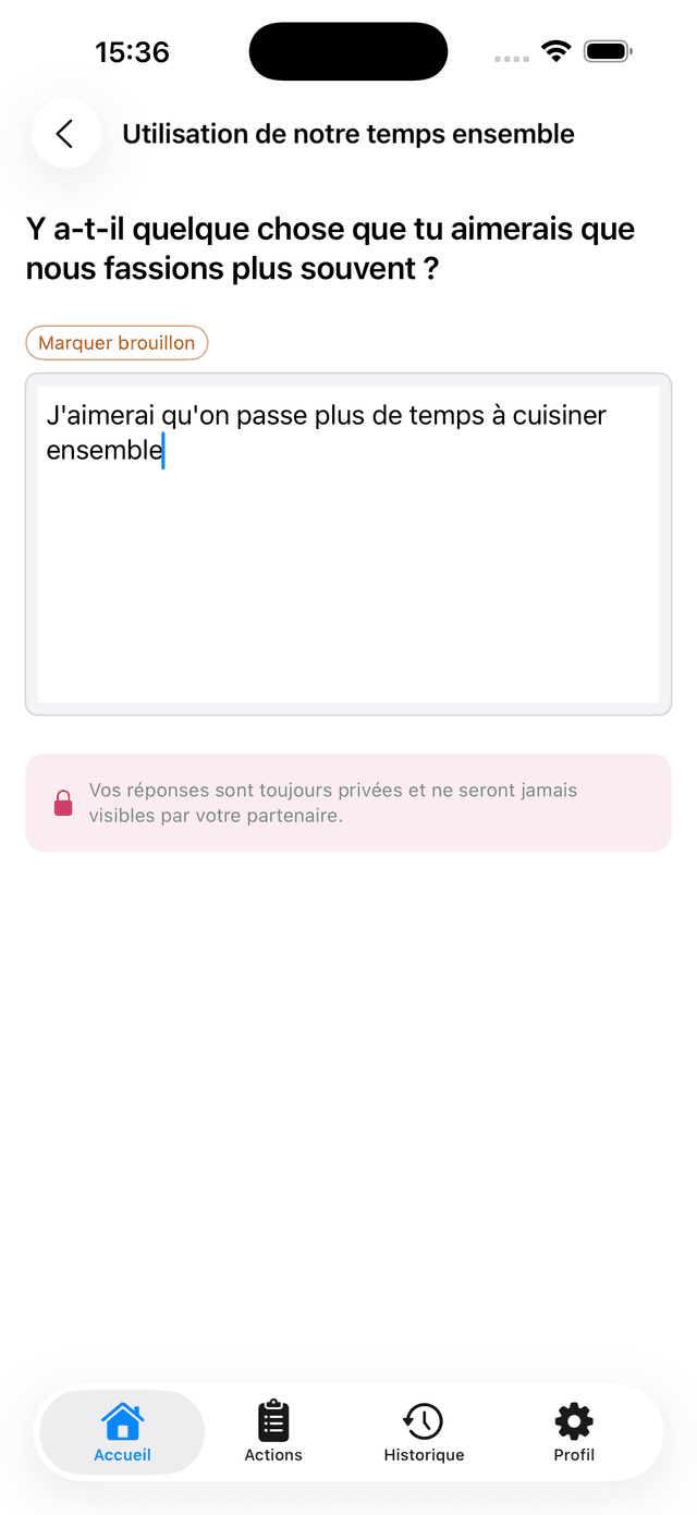 Une question de réflexion de Bilan Couple présentée dans l'application